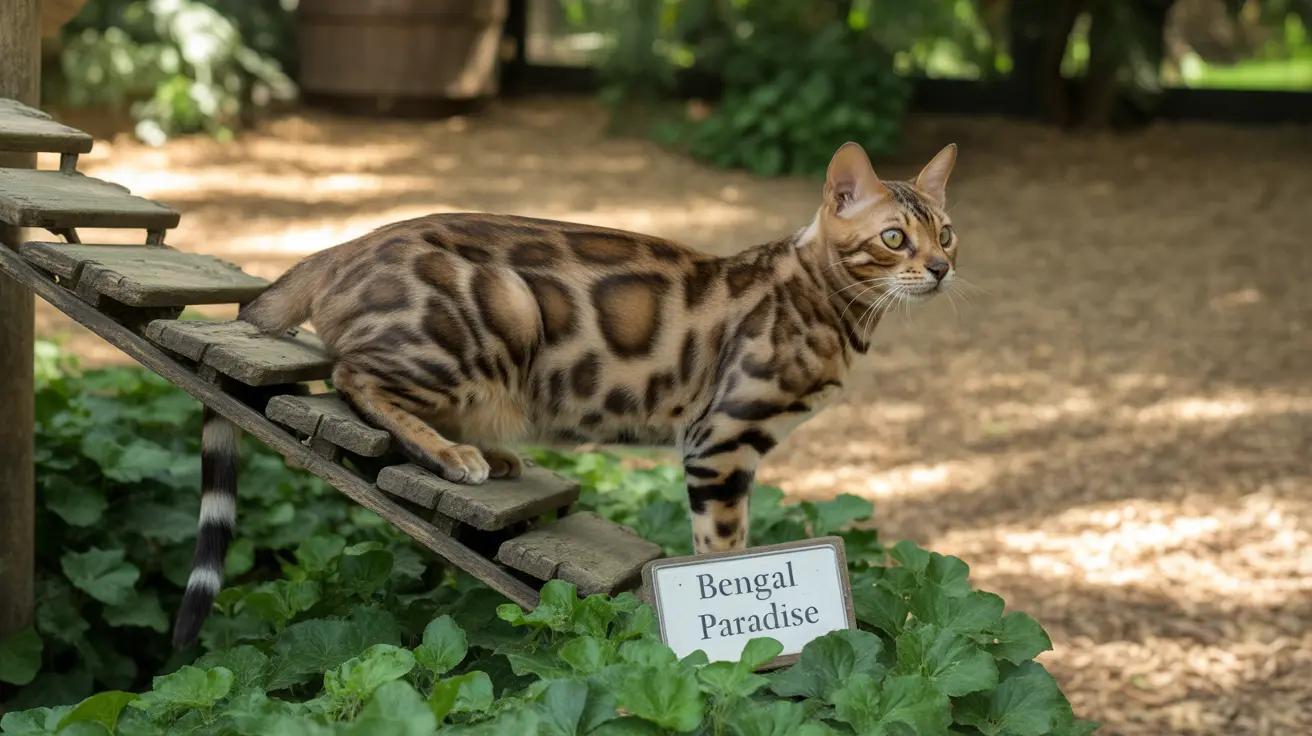 Beautiful Bengal cat with leopard-like spots on a bench in a garden