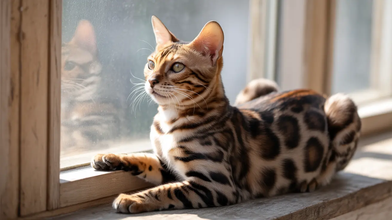 Chat Bengal au pelage tacheté de léopard assis sur un rebord de fenêtre, regardant sur le côté avec une expression alerte.
