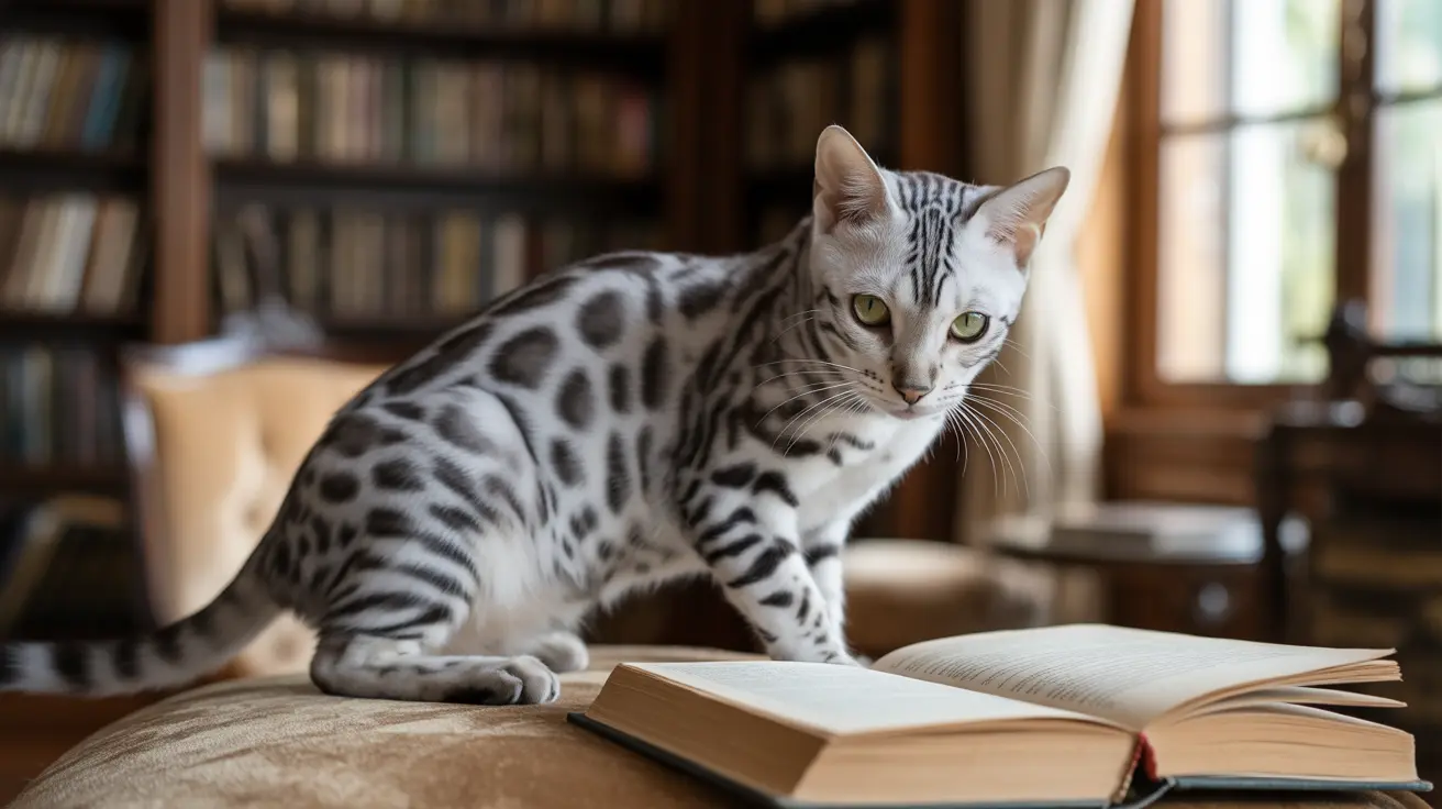 Bengal cat with spotted markings sitting on open books in a cozy library