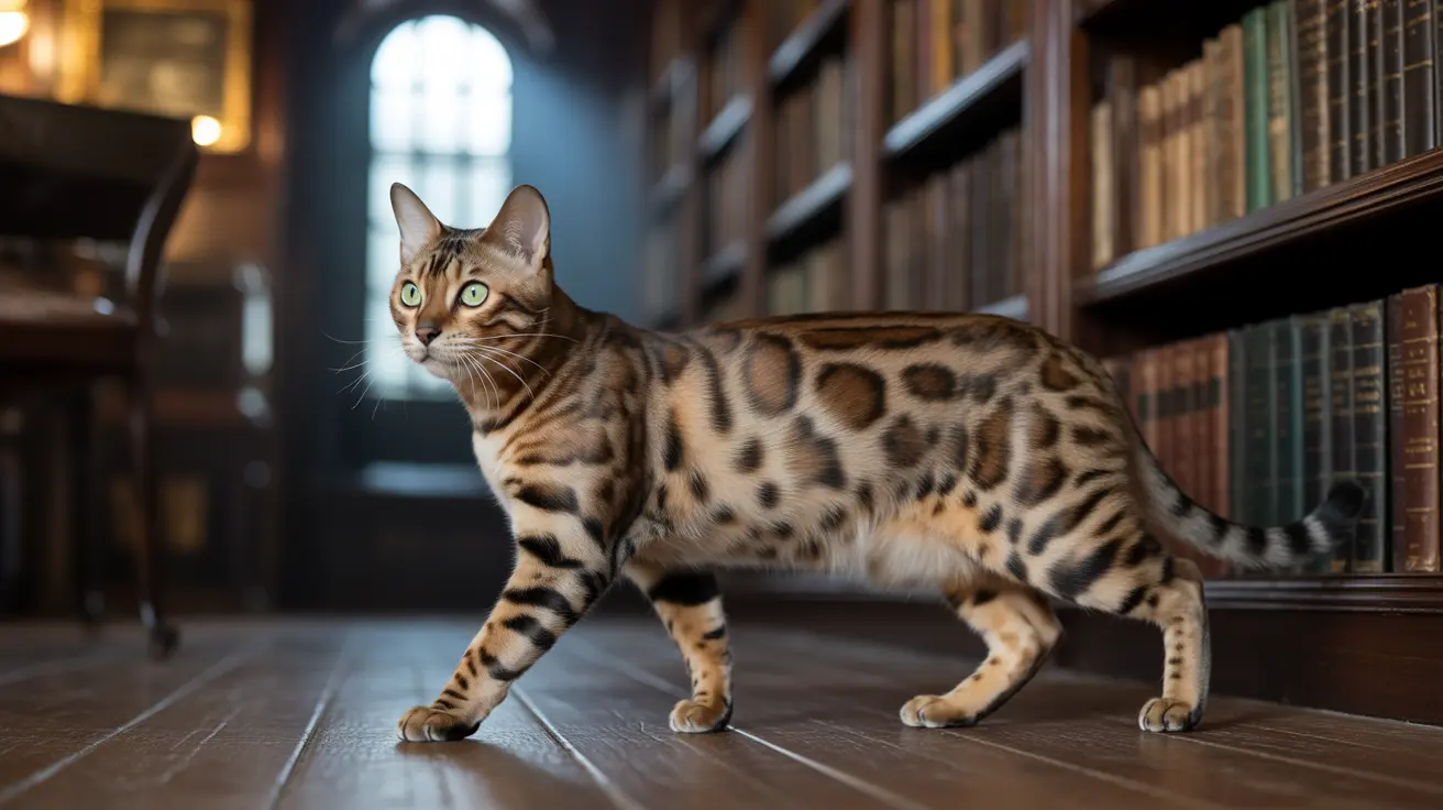 A Bengal cat with distinctive leopard-like spots walking on a wooden floor in a study