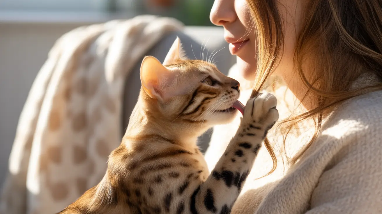 A Bengal cat affectionately interacting with a person in soft, warm lighting