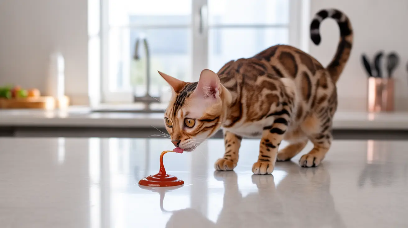 A Bengal cat licking a puddle of red sauce from a reflective kitchen counter surface