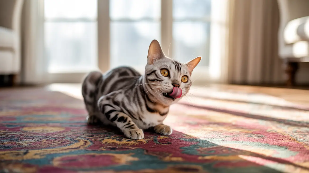 A silver and black Bengal cat licking its lips on a colorful patterned rug by a window