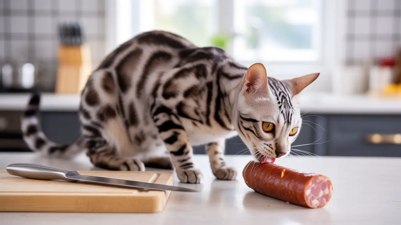 A Bengal cat licking a large sausage on a cutting board in a modern kitchen