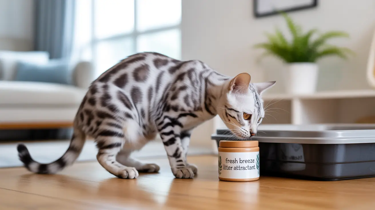A Bengal cat investigating a litter box attractant near its litter box in a modern, minimalist living room