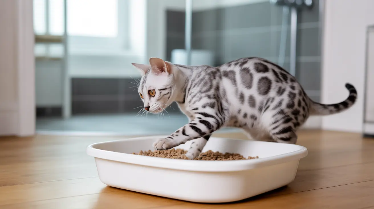 A silver and white Bengal cat standing in a white litter box filled with cat litter