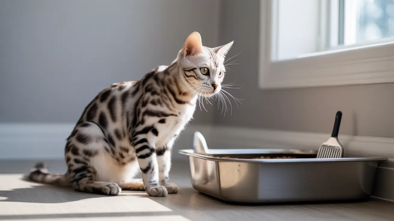A Bengal cat sitting near its litter box in a bright, minimalist interior space