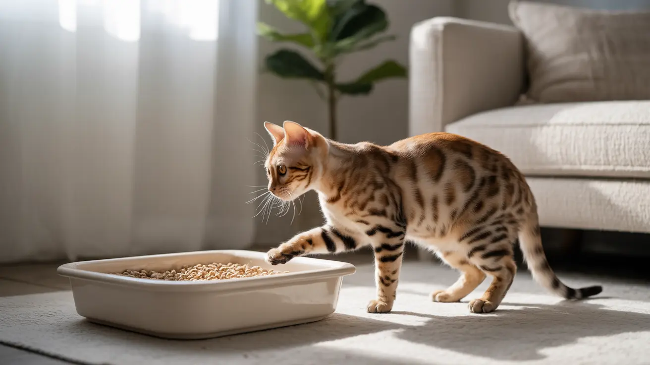 A Bengal cat standing near its litter box in a bright, minimalist living room setting