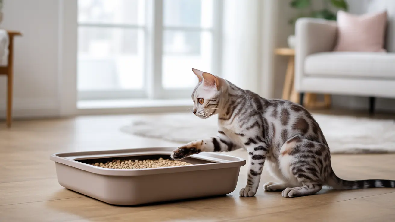 A Bengal cat sitting next to a litter box filled with cat litter on a wooden floor near a window.