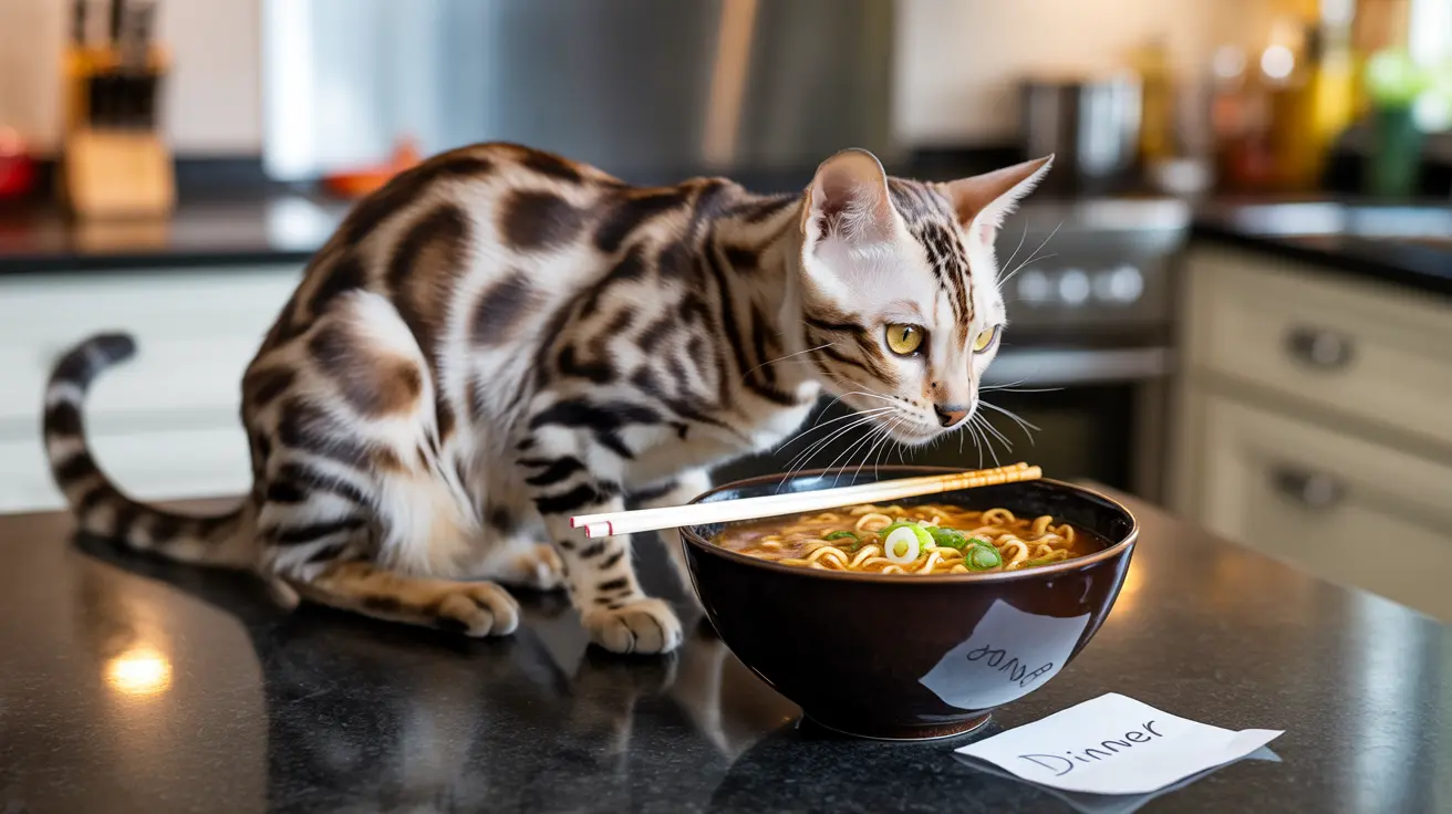 A Bengal cat curiously examining a bowl of noodles on a kitchen counter