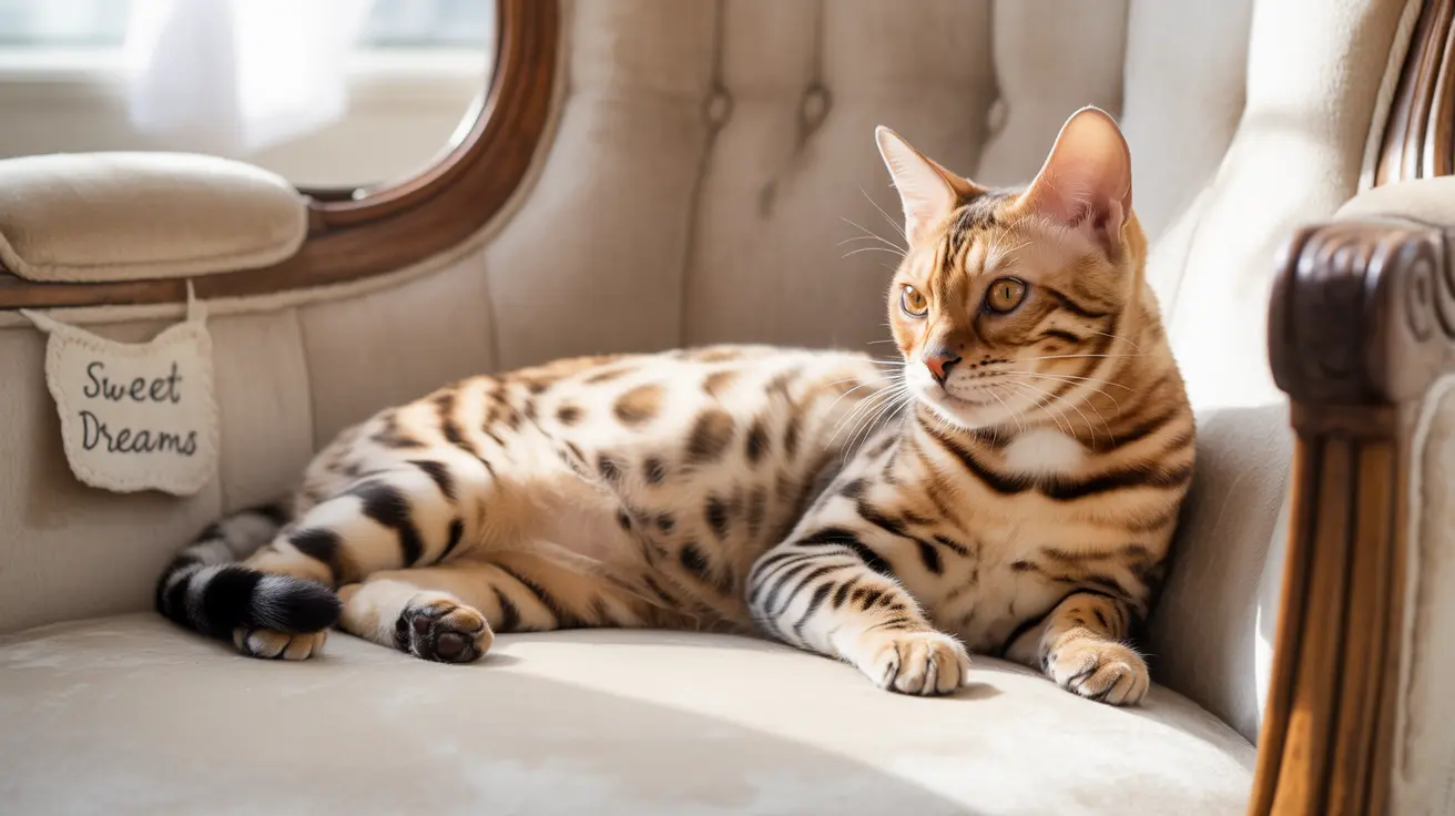 Un gato de Bengala descansando elegantemente en un sillón de color crema cerca de una ventana
