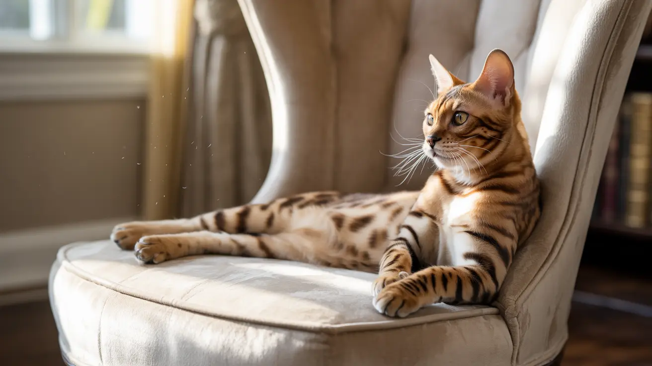 A Bengal cat lounging elegantly on a light-colored armchair, gazing thoughtfully to the side