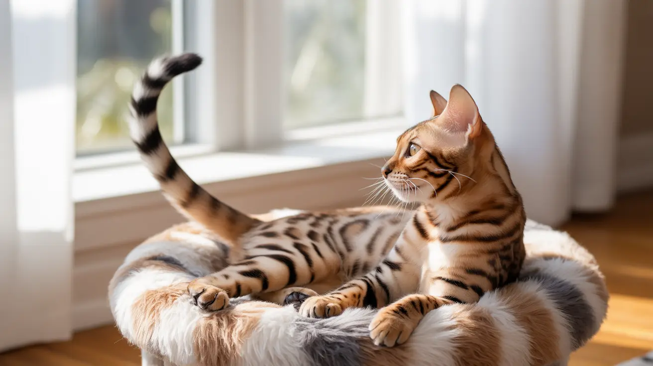A beautiful Bengal cat lounging on a soft, fluffy bed near a window