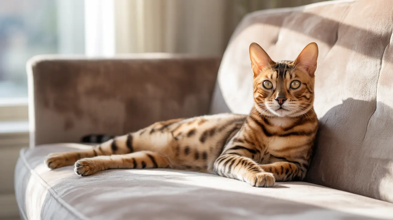 A Bengal cat lounging elegantly on a light-colored sofa in a bright, modern living room