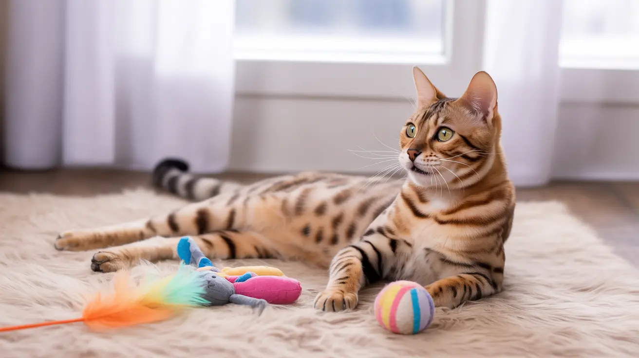 Un gato Bengalí descansa en una suave alfombra cerca de una ventana, rodeado de coloridos juguetes para gatos.