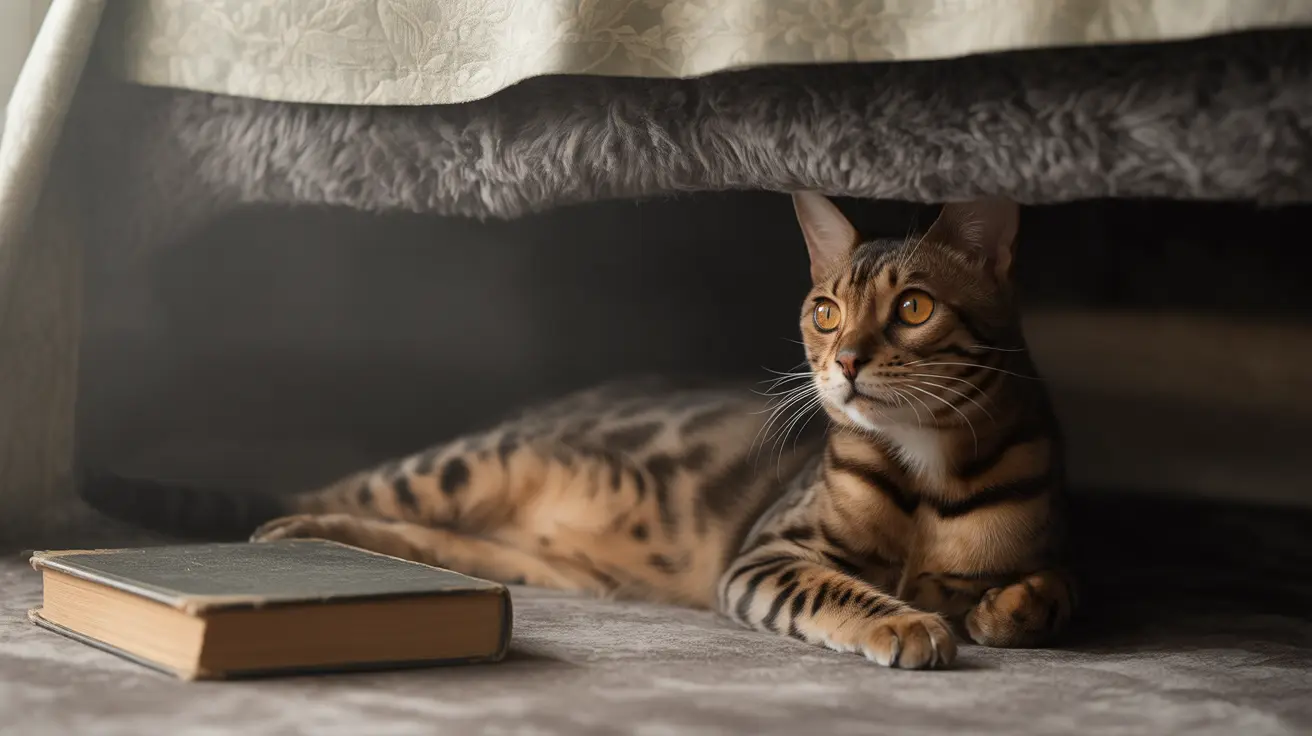 A Bengal cat lounging under a piece of furniture with a book nearby