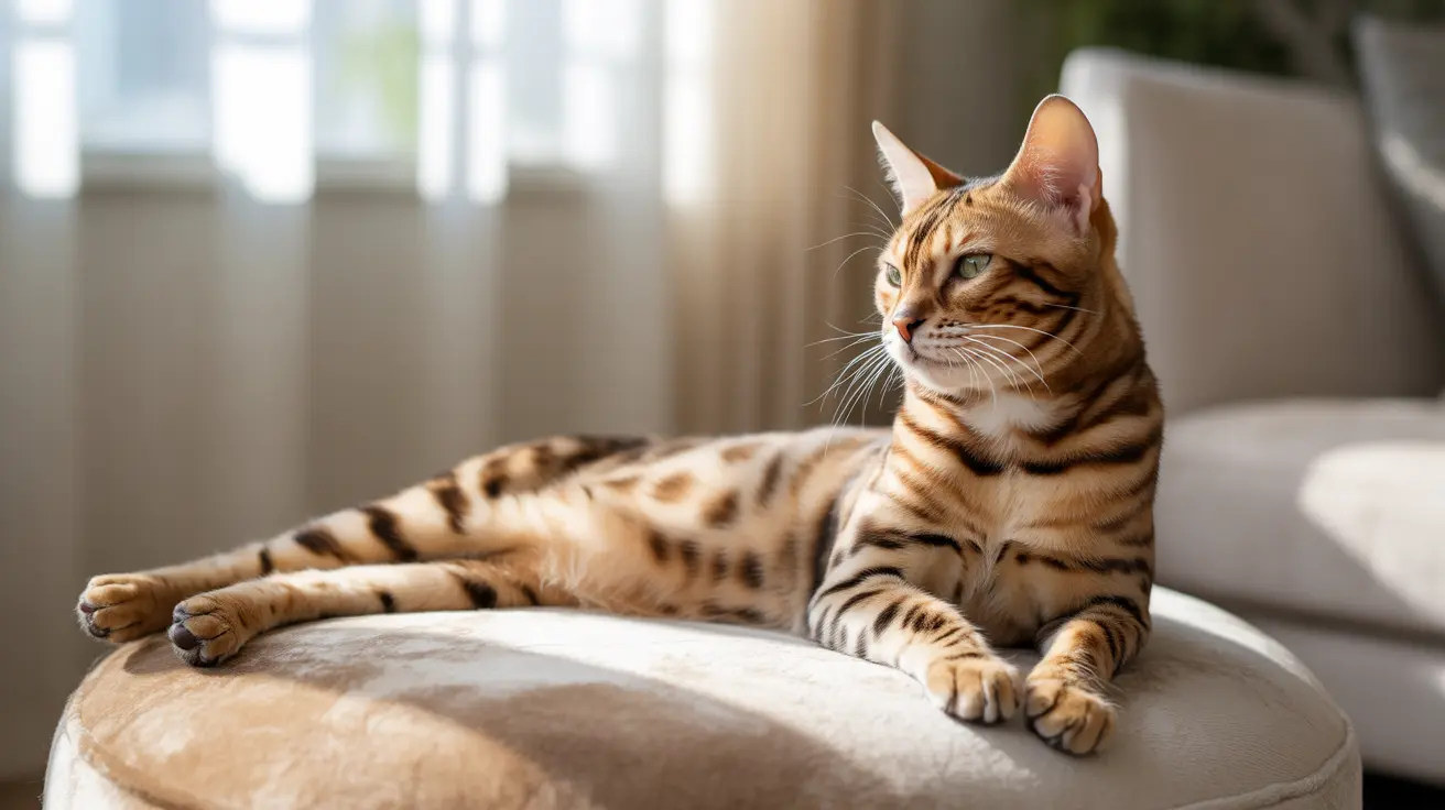 A Bengal cat lounging on a light-colored cushioned surface near a window with soft curtains