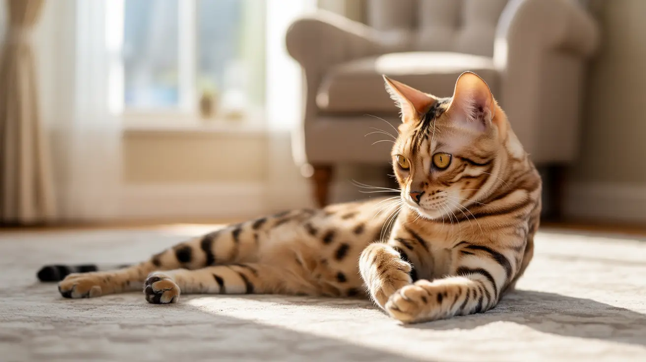 A Bengal cat lounging gracefully on a carpeted floor near a window with soft, diffused light