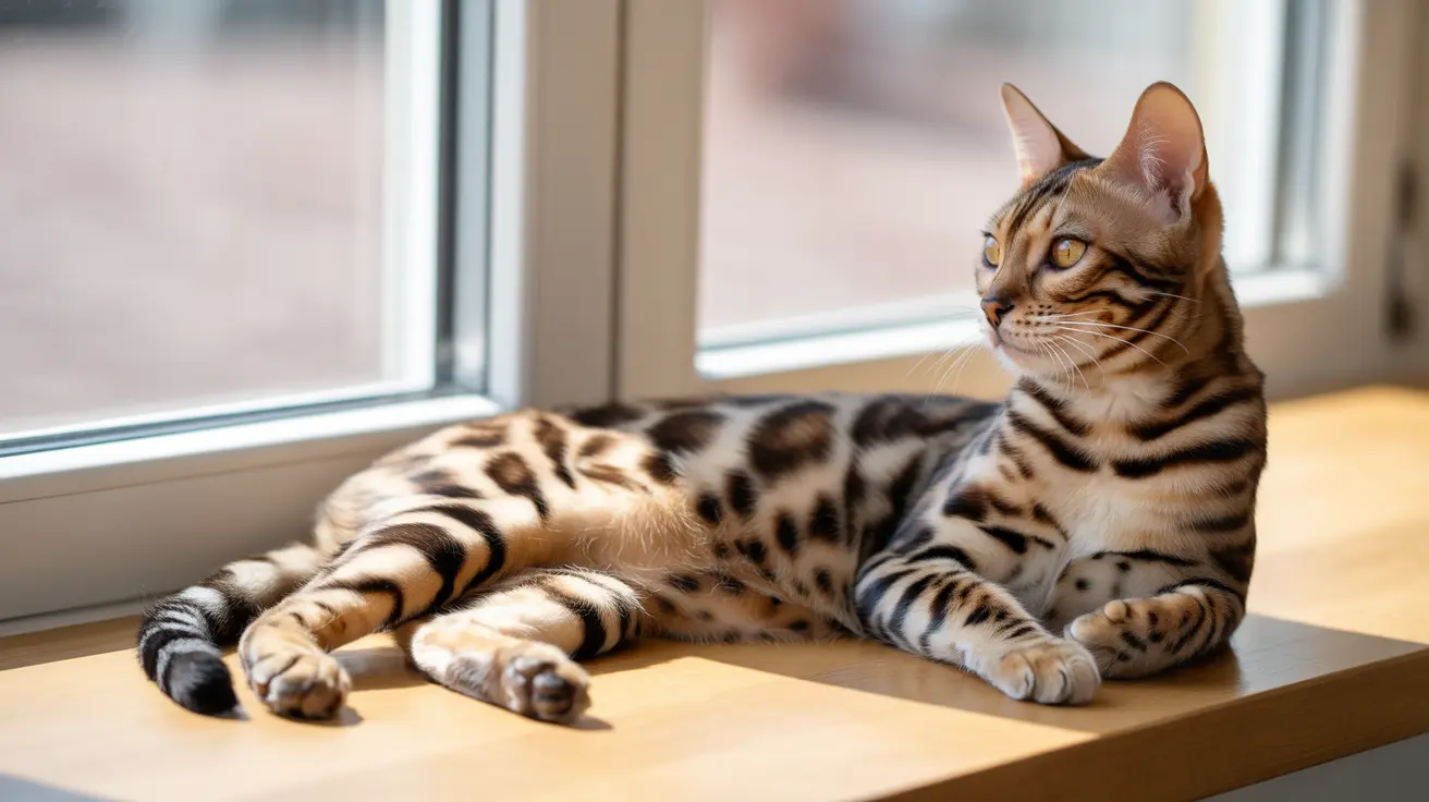 A Bengal cat lounging gracefully by a window, displaying its distinctive spotted coat