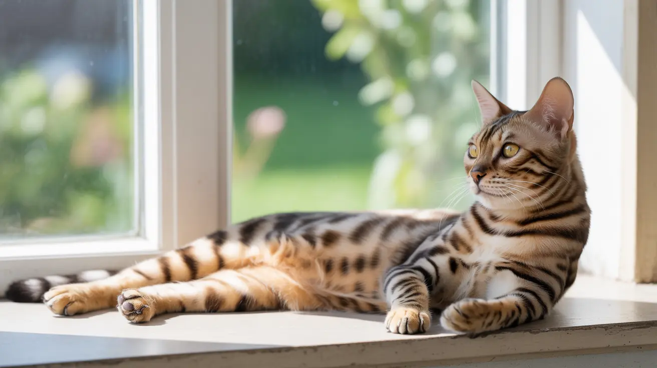 A beautiful Bengal cat lounging comfortably on a windowsill, basking in soft natural light.