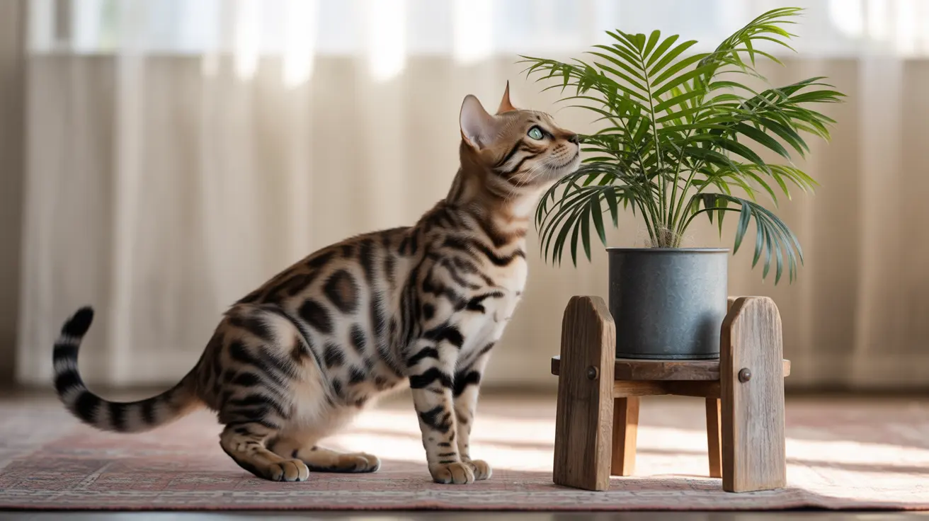 A Bengal cat sitting alert and looking upward near a potted palm plant on a wooden stand