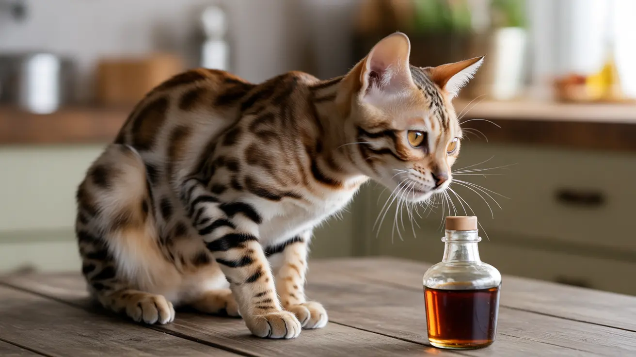 A Bengal cat sitting near a bottle of amber liquid, looking at the bottle