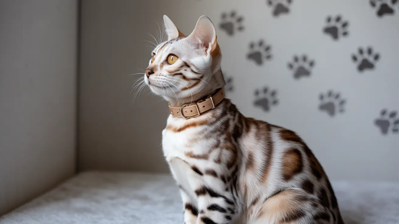 A marbled Bengal cat with white, brown, and black coat against paw print wallpaper