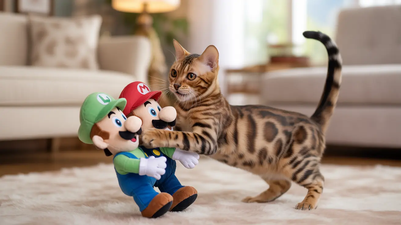 A Bengal cat playfully interacting with Mario and Luigi plush toys in a living room setting