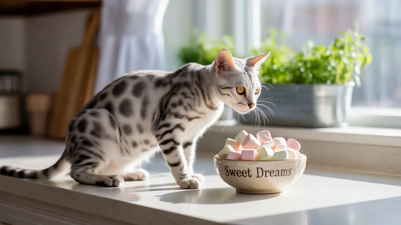 A silver and black spotted Bengal cat sitting near a bowl of pastel marshmallows by a sunlit window