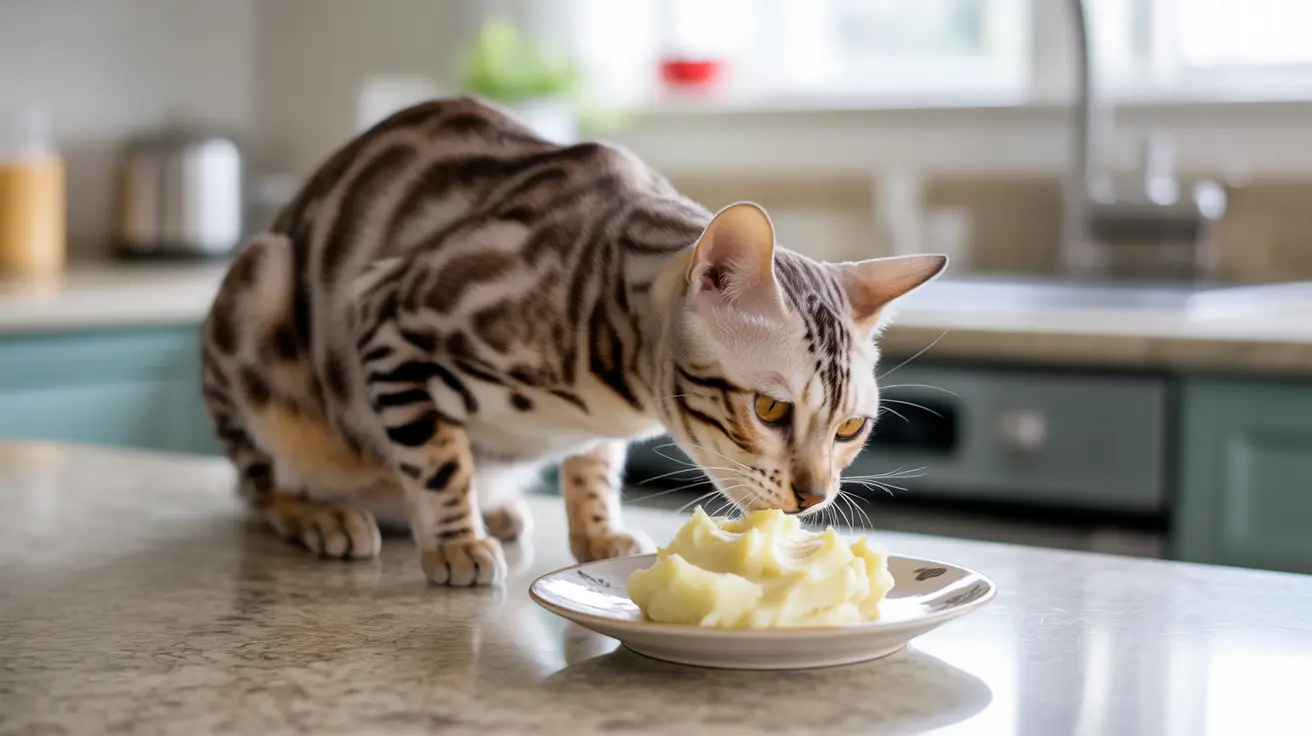 A Bengal cat sniffing a plate of mashed potatoes on a kitchen counter