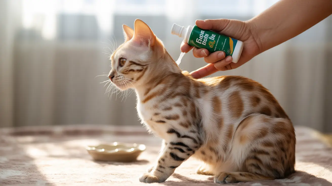 A Bengal cat receiving medication from a green bottle via dropper
