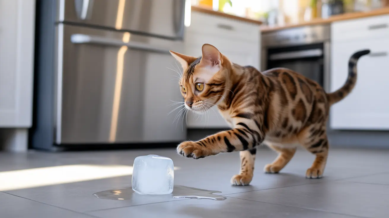 A Bengal cat curiously investigating a melting ice cube on a kitchen floor