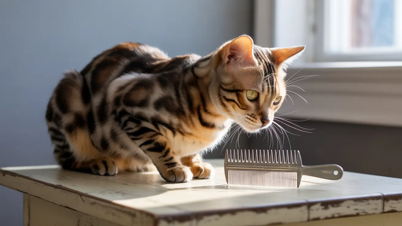 A Bengal cat sitting next to a large metal comb on a white surface near a window