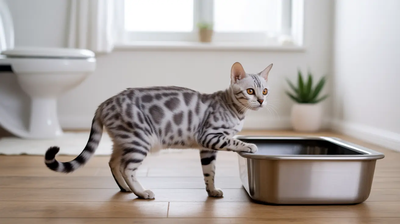A silver and black spotted Bengal cat standing near a metal litter box in a clean, minimalist bathroom