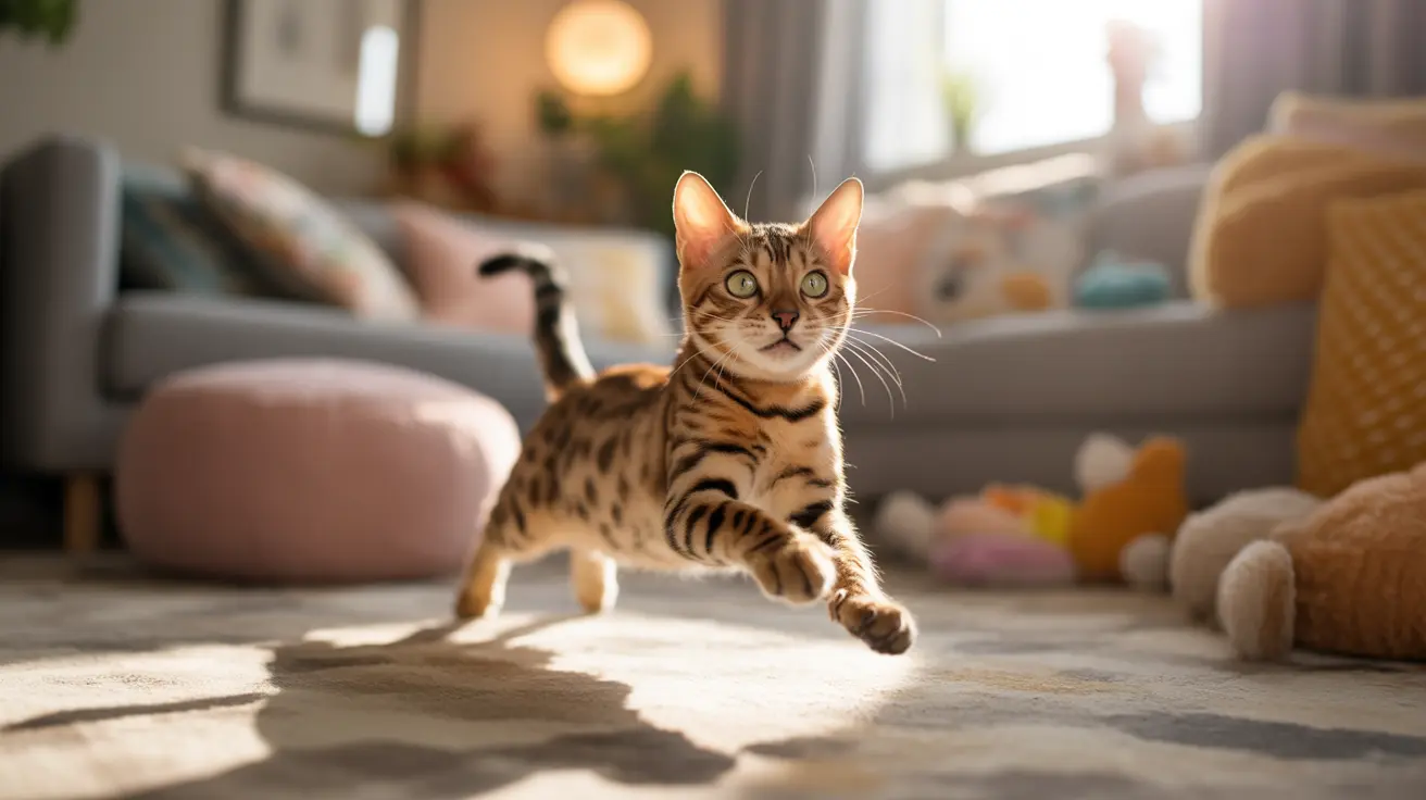 A Bengal cat mid-leap across a sunlit living room floor, captured in dynamic motion