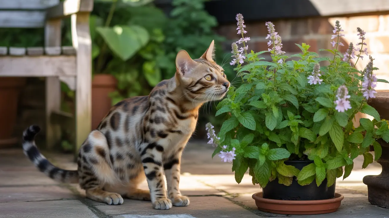 A Bengal cat sitting alertly next to a potted mint plant with purple flowers in a garden setting