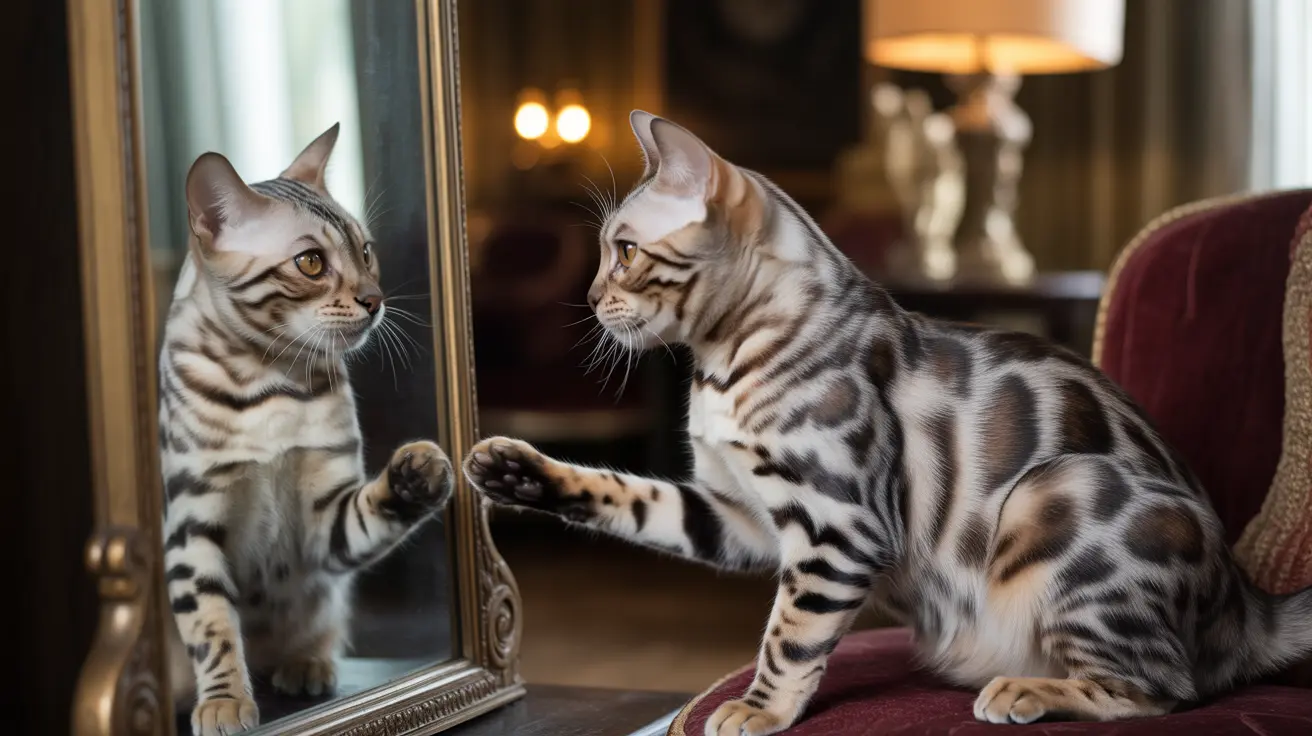 A Bengal cat sitting next to a mirror, looking at its own reflection with curiosity.