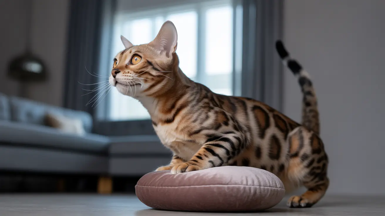 A Bengal cat sitting alertly on a pink cushion in a modern minimalistic living room