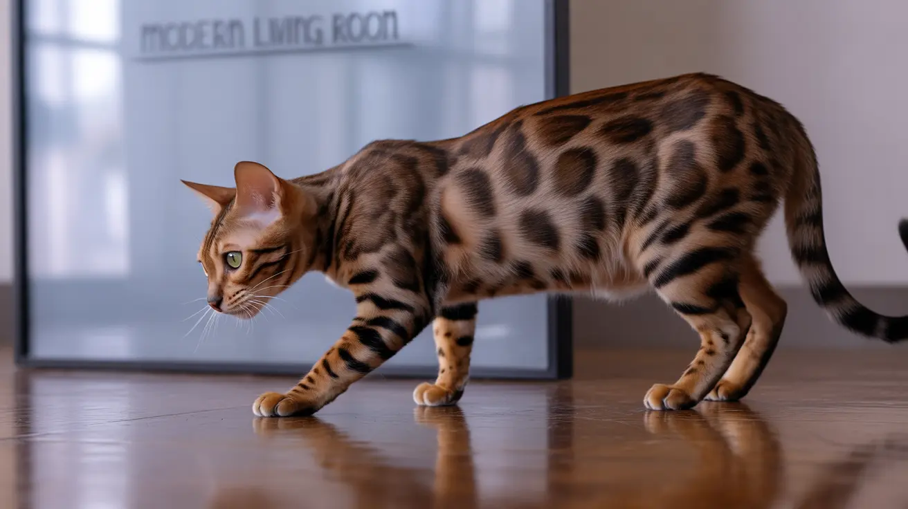 A Bengal cat walking gracefully on a polished hardwood floor in a modern living room.
