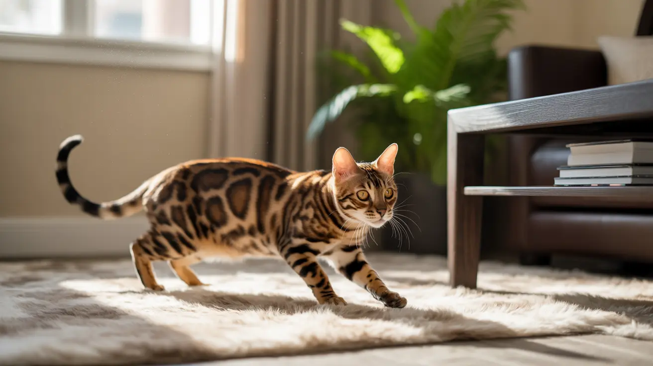 ヒョウ柄の斑点が特徴的なベンガル猫が、明るく現代的なリビングルームの柔らかいカーペットの上を歩いている様子