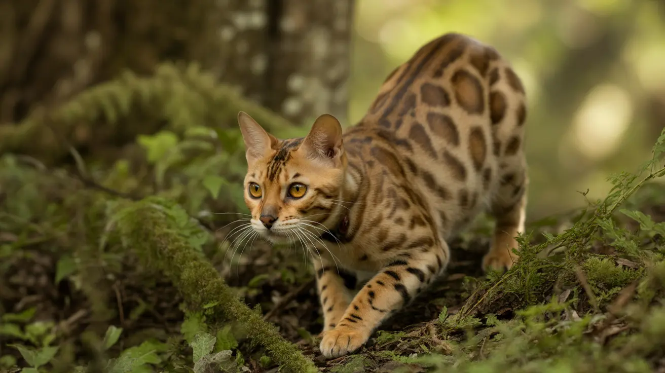 Un gato de Bengala agazapado sobre suelo de bosque cubierto de musgo, mostrando un pelaje manchado similar al leopardo.