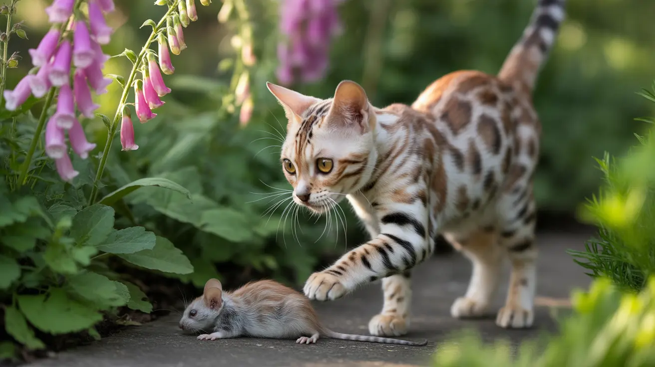 Bengal cat preparing to pounce on a small mouse near pink foxglove flowers