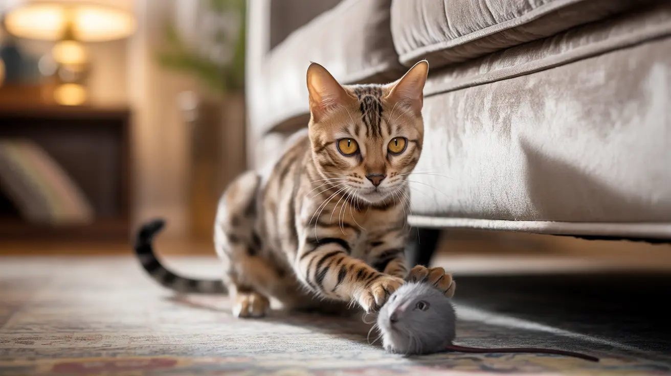 A Bengal cat sitting alertly next to a small gray mouse near a sofa