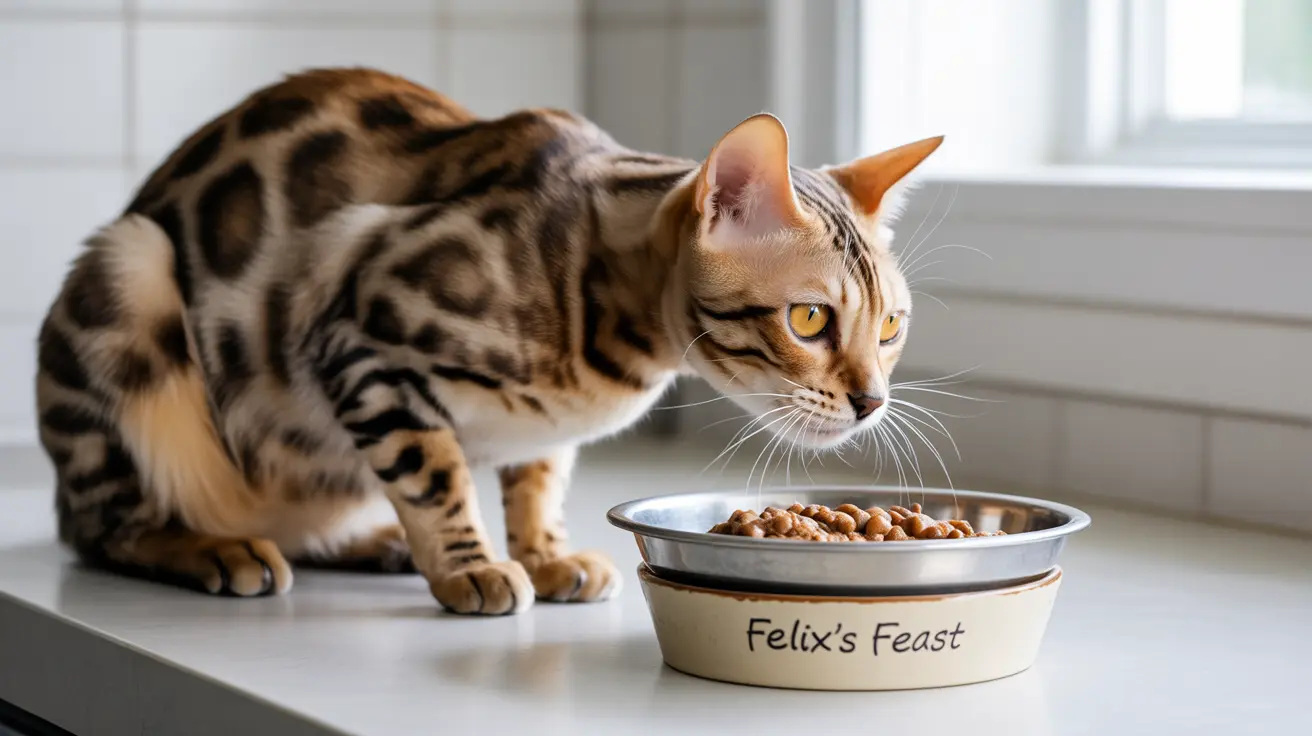 Un gato bengalí sentado cerca de su cuenco de comida, observando atentamente su comida con expresión alerta.