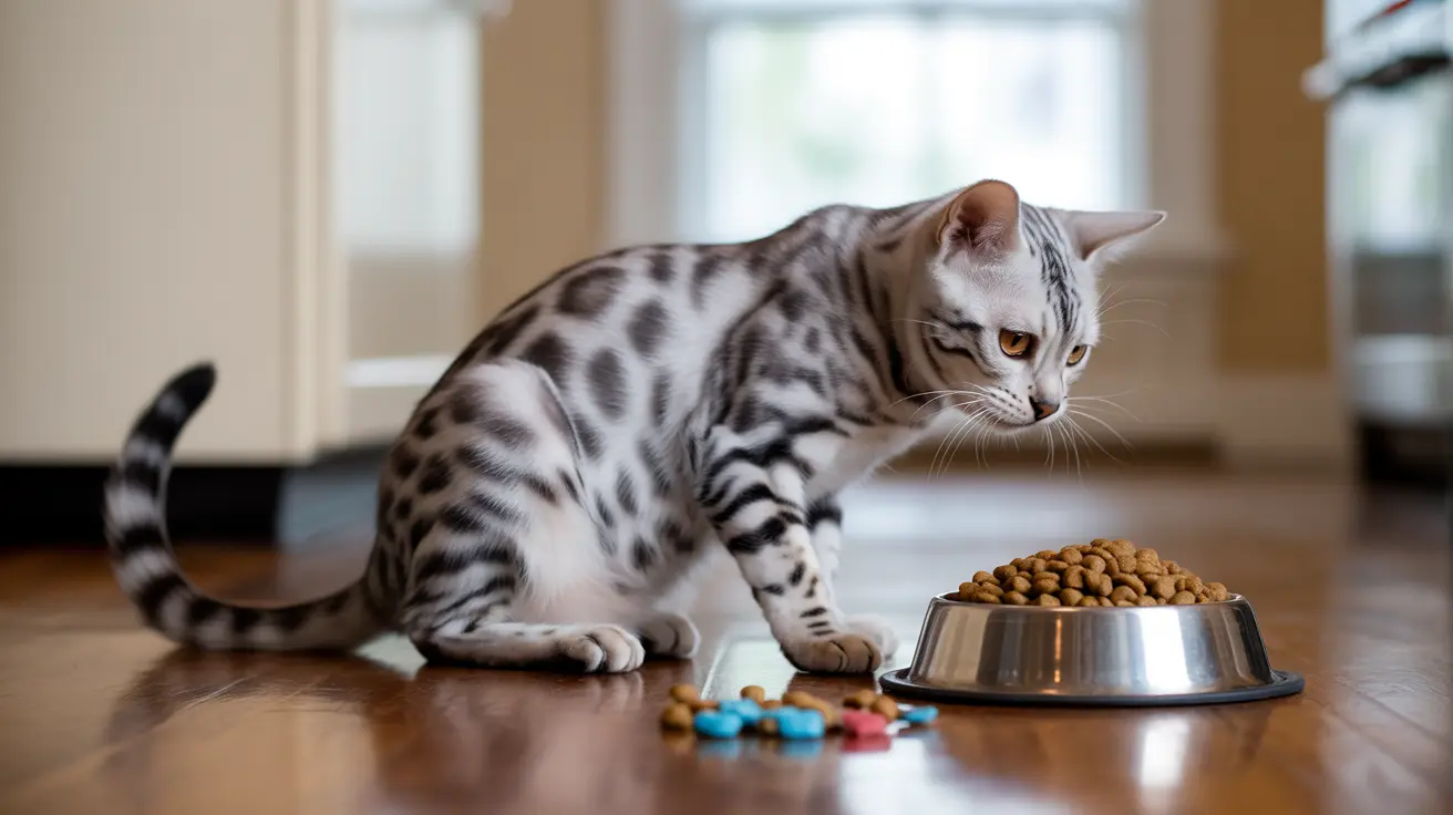 A silver and black spotted Bengal cat near a food bowl with dry cat food and colorful treats