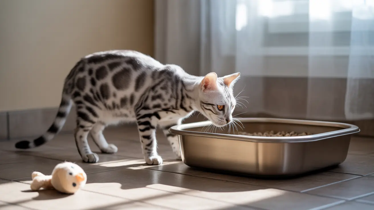 A Bengal cat standing near its litter box and a small toy in a sunlit indoor setting