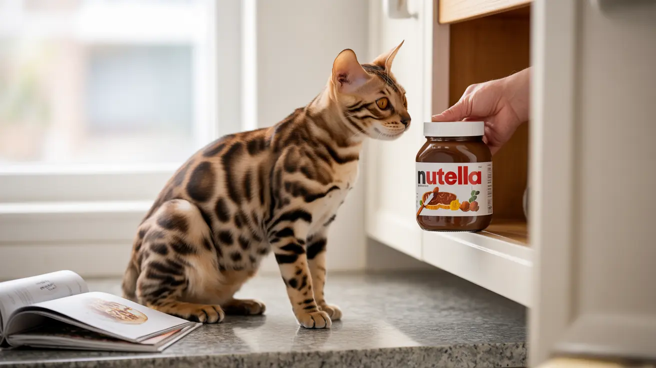 A Bengal cat sitting on a kitchen counter near a Nutella jar being reached for by a hand