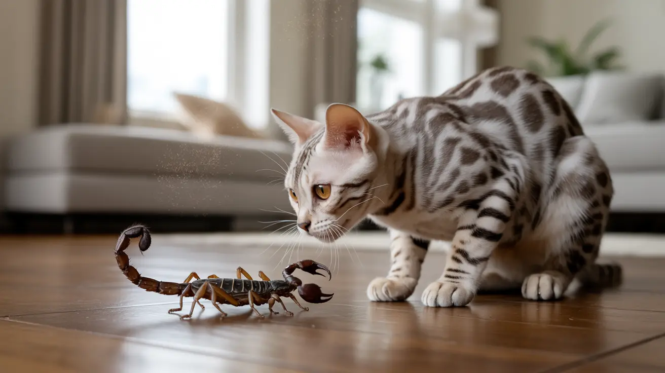 明るくてモダンなリビングルームの木の床の上で、サソリをじっと観察しているベンガル猫
