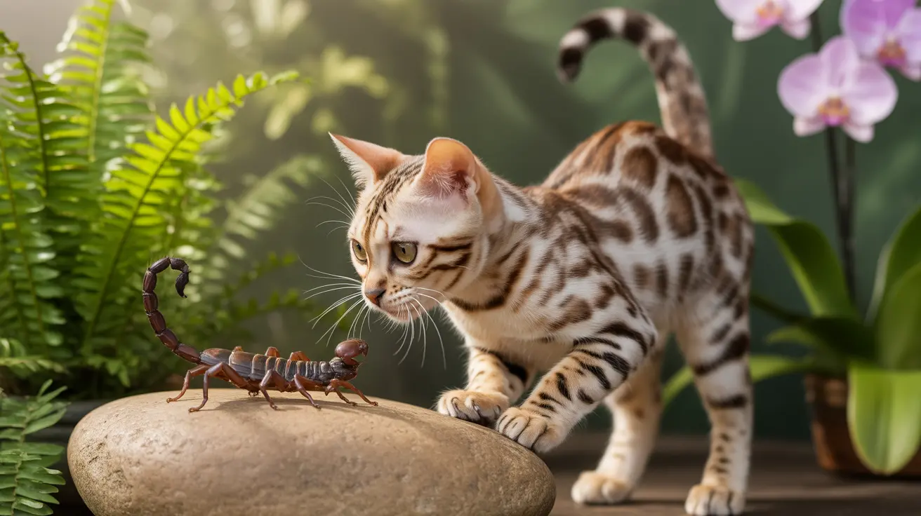 Um gato bengal observando atentamente um escorpião em uma pedra lisa, cercado por vegetação exuberante e orquídeas