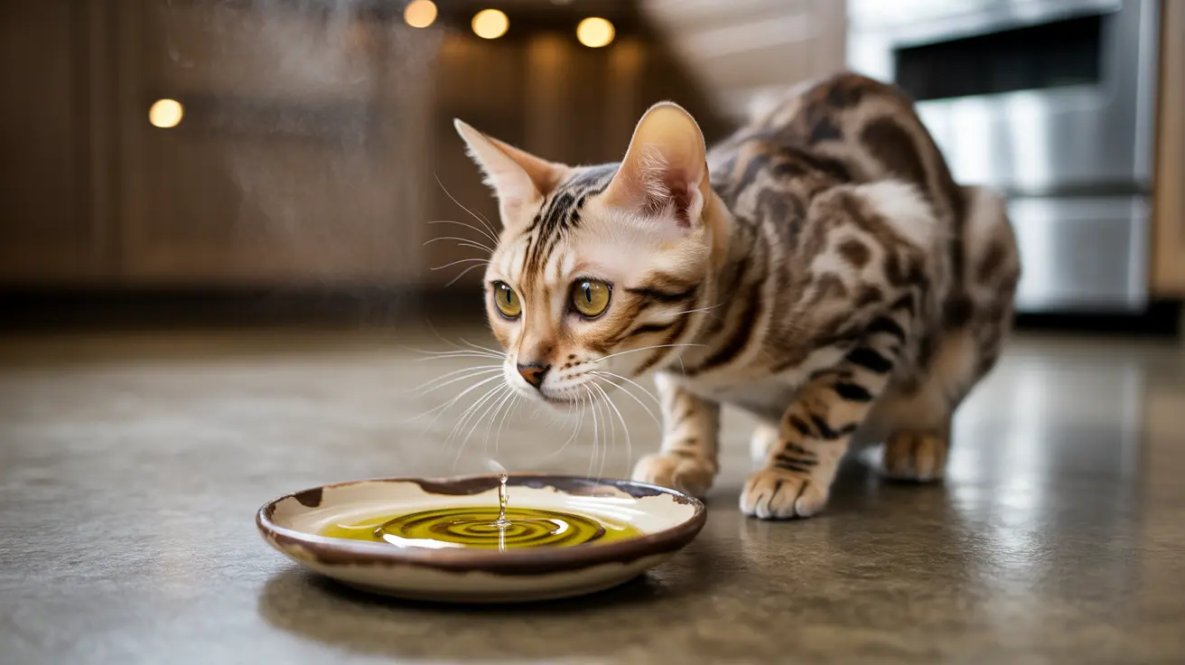 Bengal cat examining a dish with a droplet of olive oil suspended mid-fall